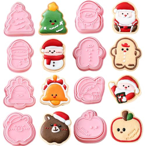 SSKHE 8 Pcs Christmas Cookie Cutter Set - 3D Pressable Silicone Stamps, Gingerbread Man/Reindeer/Snowman/Cane/Snowflake/Christmas Tree/Santa for Christmas Baking & Cookie Making