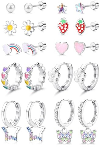 Adramata 10 Paia Orecchini Acciaio Chirurgico Set Orecchini Bambina Argento Anallergici Cerchio Orecchino a Vite CZ Stella Farfalla Orecchino Pendenti per Donna Ragazza