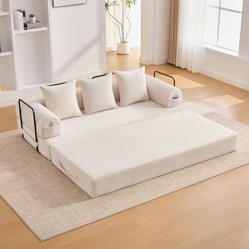Sapgaks - Sofá convertible de 3 plazas con estructura de metal resistente, bolsillos laterales y 3 cojines, sofá modular de pana, se puede combinar libremente, sofá cama, beige