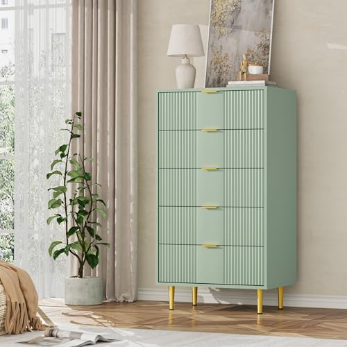 Litake Kommode für Schlafzimmer, 60cm Breite 5 Schubladen Aufbewahrung Kommode mit Vintage Metallgriffe, Tiefe Kommode für Schlafzimmer, Wohnzimmer, Flur oder Eingang (Oliv Grün, 60x40x112cm)