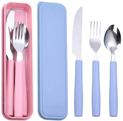 2 Pièces Ensemble de couverts de voyage en acier inoxydable, ensemble de couverts portables boîte de rangement (cuillère, fourchette, couteau) - Camping, bureau, pique-nique (bleu, rose)