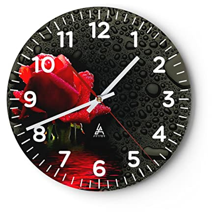 Modern Wanduhr Blume rote Rose Wasser Tau 40x40cm Rund Groß Wand Uhr Glas Analog Zimmeruhren Küche Büro Wohnzimmer Glasuhr Wall Clock Dekoration Design Wanddekoration Küchenuhr C4AR40x40-2367