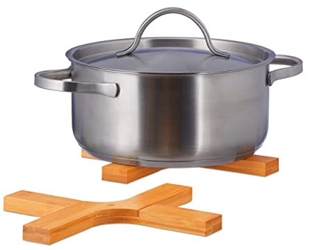 Relaxdays Untersetzer 2er Set faltbar, Bambus Holz, für Töpfe, Pfannen, abwischbar, Topfuntersetzer, 1 x 18 x 14 cm, Natur