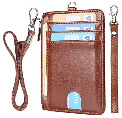 Teskyer Porte Carte Bancaire, Portefeuille en Cuir PU, Porte Carte de Crédit avec Cordon et Bracelet, Protection RFID, Poche Zippée, 6 Emplacements pour Cartes, Brun