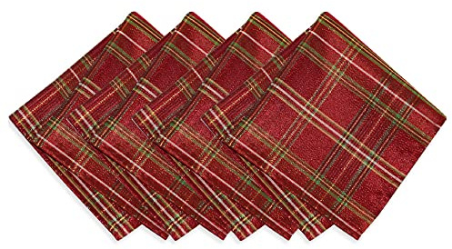 Elrene Home Fashions Shimmering Plaid Holiday Cloth Napkins, Set of 4, 17 Inches x 17 Inches, Red