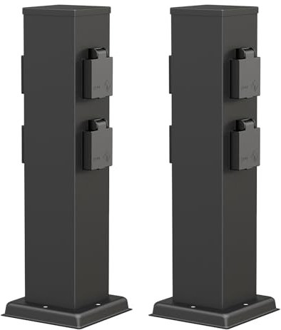 ledscom.de 2 Stück Garten Steckdosensäule Polly für außen, IP44, 4-Fach, Edelstahl, schwarz, eckig, 40 cm