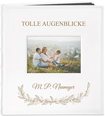 Maverton Fotoalbum zum Selbstgestalten mit Bildausschnitt + mit Gravur | Zum Jubiläum, Fotobuch zum Einkleben, 240 Fotos im Format 10x15-60 schwarze Seiten, Größe 33x30cm, Weiß, Hochzeitsgeschenk