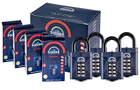Squire Heavy Duty Padlock (CP50 - Quad-Pack) - Toughest Steel Shackle - 4 Wheel Combination Padlock - Alloy Steel for Corrosion Resistance - Weatherproof Lock for Home, School & Garage (50 mm) (4)