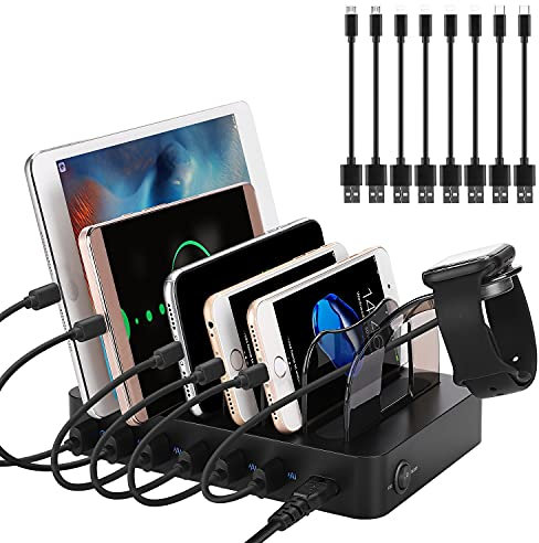 PRITEK Charging Station with 8pcs Short Charge Cables, 60W 6 Ports USB Charger Station Desktop Organizer Charging Dock Compatible for Multiple Electronic Devices