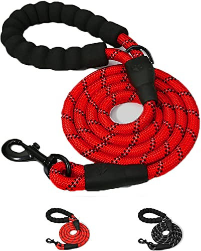 5ft Dog Lead with Comfortable Padded Handle, Strong Dog Leads with Highly Reflective Threads, Rope Dog Lead with 1cm Thickness for Small Dogs (Red)