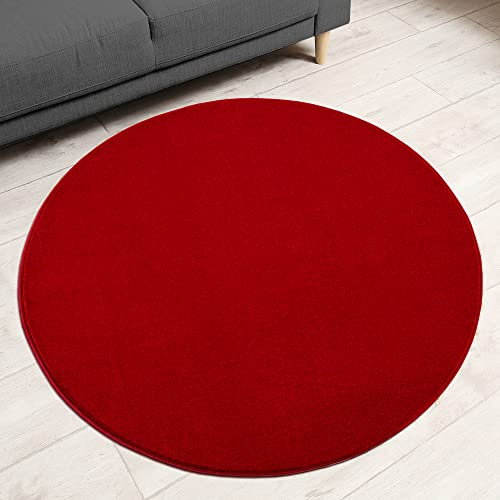 Impression Kurzflor-Wohnzimmerteppich - Schlichte Moderne Teppiche für Schlafzimmer, Büro, Flur, Küche, Kinderzimmer - Rot, 150 cm Rund