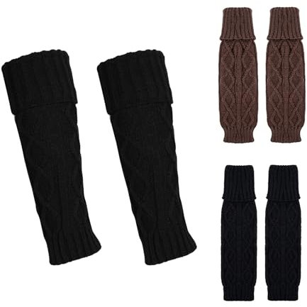 QKURT 2 Pairs Leg Warmers for Women and Girls, Cable Knit Ankle Leg Warmers for Winter, High Footless Knee Socks Boot Socks Warmers (Black+Coffee)
