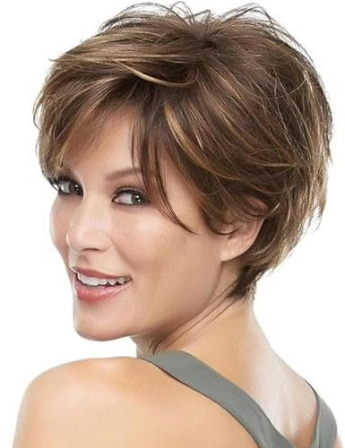 Queentas Kurze blonde Perücken für Frauen Pixie Bob Haarschnitt Perücke mit Pony Layered Wig Synthetik Haar