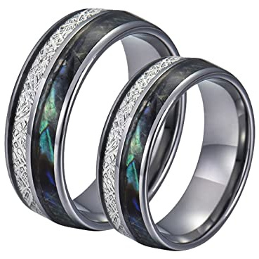 AMDXD Verlobungsringe, 8mm Wolfram Freundschaftsringe Damen Silber mit Muschel Kohlefaser Ring Herren Preis für 2