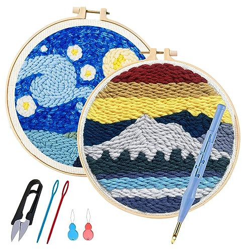 Allazone Punch Needle Anfänger Stickerei Set DIY Stanznadel Handwerk Stickerei Muster mit Einstellbare Punch Needle für Handwerk Stitching (Sternenhimmel & Seeufer)