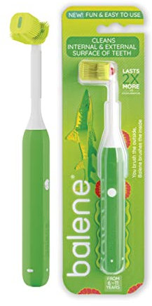 BALENE - Doppelseitige Kinderzahnbürste für Kinder, reinigt die Innen- und Außenseite der Zähne, rotierender Bürstenkopf, antibakterielle Filamente, weiche Härte, Farbe Grün