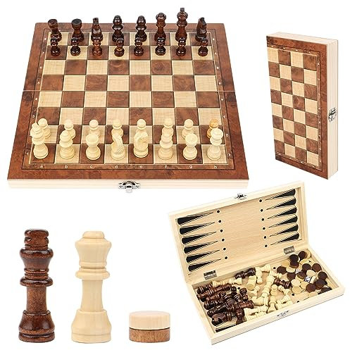 Juego De Ajedrez 3 En 1 De Madera, Portátil y Plegable para Niños y Adultos, Juegos al Aire Libre o Regalos - 29×29CM (Claro)
