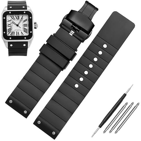HEPUP 23mm Uhrenarmband für Cartier Santos Sandoz Santos 100 Silikon Uhrenarmband Gummi Herren und Damen Schwarz, 23 mm, Achat