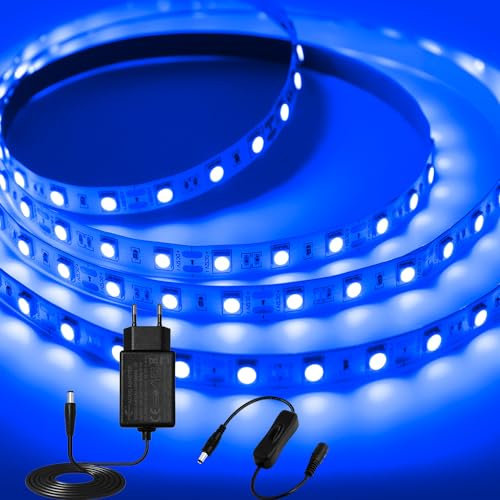 iNextStation LED Strip Blau 5M, 12V Selbstklebend LED Streifen 300 SMD5050 LEDs Flexible LED Lichtband Kette LED Lichtband Leiste für Innen Heim Küche Deko DIY, Mit Netzteil