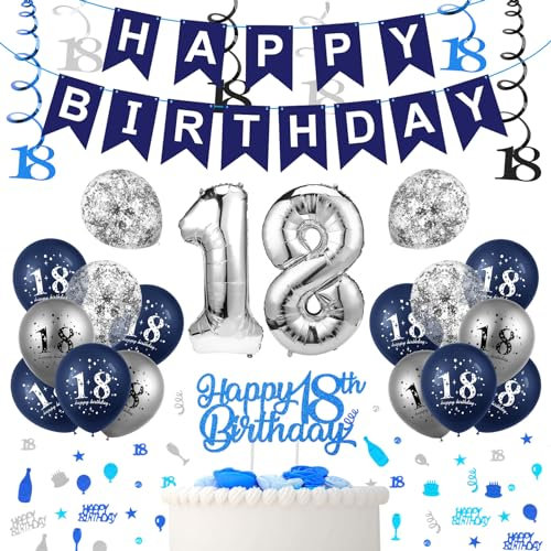 Camptrip 18. Geburtstag Deko Junge Männer - Marineblau Luftballons, Happy Birthday Girlande, Folienballon Zahl 18, Konfetti, Hängend Wirbel Dekoration