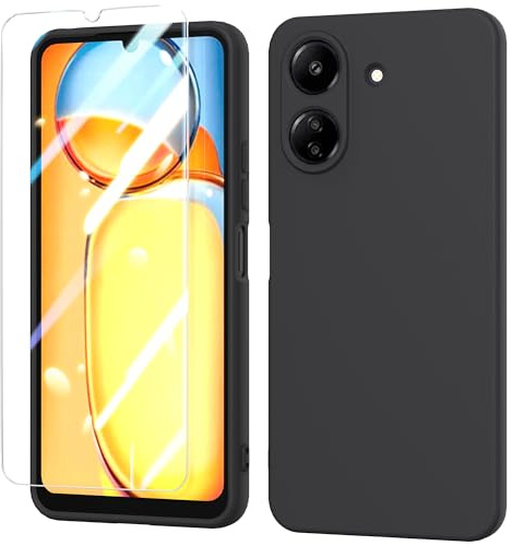 BUTISHIYU Handyhülle kompatibel mit Xiaomi Redmi 13C 4G 2024 Silikon Hülle + Schutzfolie,Dünne Weiche TPU Schutzhülle Schutz für Xiaomi Redmi 13C 4G - Schwarz
