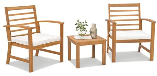 KOMFOTTEU 3tlg. Balkonmöbel Set Holz, Gartenmöbel Set aus Akazienholz, Balkonset mit Kissen, Gartentisch mit 2 Gartensessel, Garten Bistroset Sitzgruppe für Terrasse Balkon