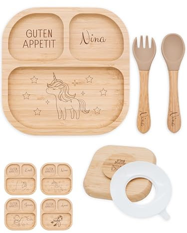 Bärenfreunde® - Personalisierter Teller Mit Saugnapf - Praktisches Beikost Zubehör Mit Namen - Baby Teller Rutschfest - Personalisierte Geschenke (Einhorn)