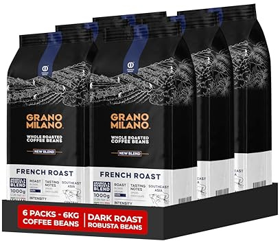 Grano Milano French Roast Coffee Beans 6kg, Extra Strong Dark Roast | Intensity 5/5, Medium-High Bodied, Robusta & Arabica, Southeast Asia & Central Africa Origin, Made in Italy