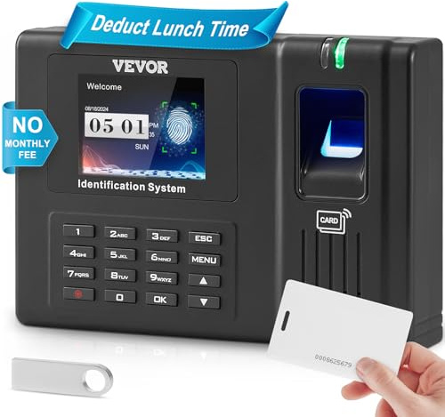 VEVOR Stempeluhr Arbeitszeiterfassungsgerät für Mitarbeiter mit Fingerabdruck, RFID-Karten und PIN-Eingabe in einem, eigenständige biometrische Stempeluhr Check in Time Clock Wandmontage Schwarz