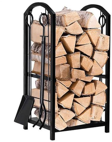 Estante de leña resistente para interiores y exteriores con marco de encendido y 4 ganchos para almacenar leña para chimenea, marco de madera para uso en interiores y exteriores