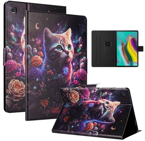 LSPCASA Hülle für Samsung Galaxy Tab S5e 10.5 Zoll (SM-T725/T720) PU Leder Geldtasche Kartenhalter Samsung Galaxy Tab S5E Tablet Case Cover Magnetkraft Blumen und Katzen