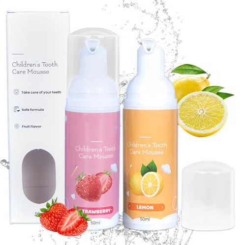 Natural Mousse Foam Toothpaste - Kids Whitening Formula with Lemon Strawberry Flavor for Strong Teeth, Healthy Gums, Fresh Breath - For Children Age 3 Up
