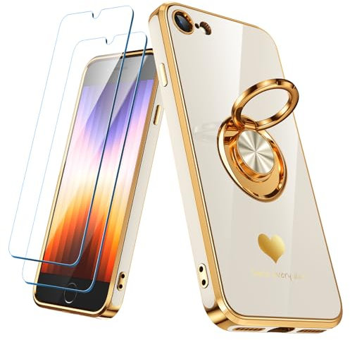 Nonional Compatible for iPhone SE/8/7 Case with 2 Pack Screen Protector, 360° Rotatable Ring Holder [Luxury Hearts Pattern] Plating Gold Edge Slim Soft Phone Case for iPhone SE/8/7 - White