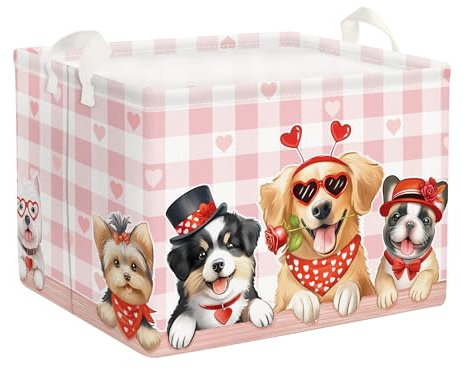 Clastyle 36L Pink Dog Clothes Shelf Basket with Handle Collapsible Rectangle Heart Cube Toy Storage Box for Bedroom Bathroom