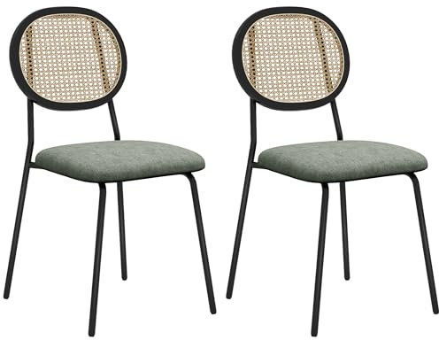 HOMCOM Pack de 2 Sillas de Comedor Sillas de Cocina con Respaldo de Ratán Sintético y Marco de Acero para Salón 44x54x87 cm Verde Oscuro y Negro