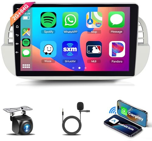 2G 64G Android 13 Autoradio per FIAT 500 2007-2015 9 Pollici Touchscreen Autoradio con Wireless Carplay Android Auto Navi GPS Mirror Link Bluetooth FM/RDS Radio WiFi USB Telecamera Posteriore