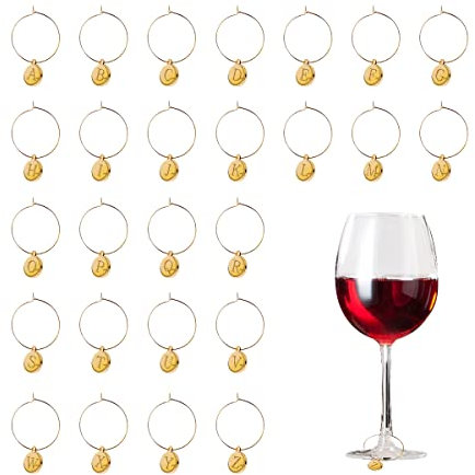 Lotsdonxia 26 Pcs Wine Charms – Alloy Glass Markers for Wine Glasses, Party Decorations, and Drink Identification Tags for Parties and Gatherings (Gold)
