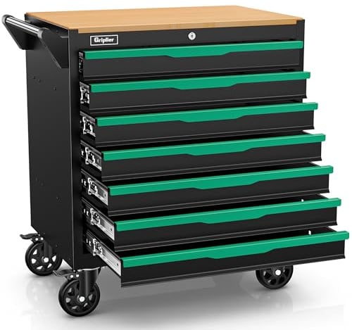 Griplier Werkstattwagen, 7 Schubladen,Bremsrad,Schwarz-Grün, Schwerlast Rollbar mit Holzarbeitsplatte,79.5 x 48 x 82cm,Belastung 300kg(7 Schubladen)