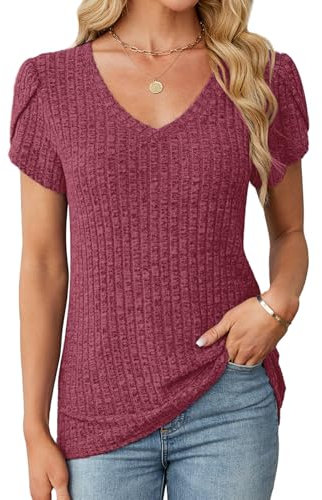 Gemulate Short Sleeve Tops for Women UK Knit Blouses V Neck Summer Tops for Women Casual Tee Shirts Ladies Knit Plain Clothes Wine Red L