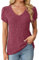 Gemulate Short Sleeve Tops for Women UK Knit Blouses V Neck Summer Tops for Women Casual Tee Shirts Ladies Knit Plain Clothes Wine Red L