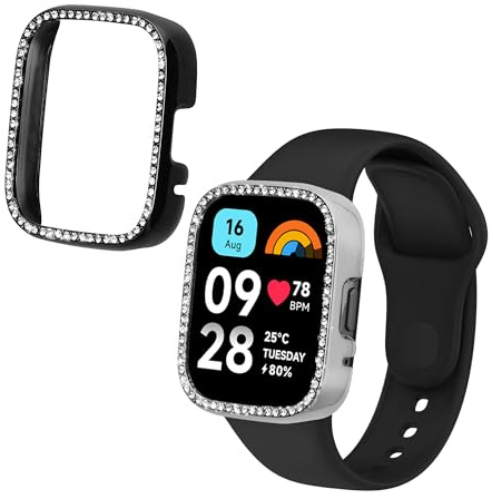 kwmobile Set da 2 Protezione Bordo Orologio Compatibile con Xiaomi Redmi Watch 3 Active/Redmi Watch 3 Lite Smartwatch - Rivestimento Glitterato nero/argento