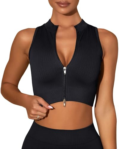 SEAUR Damen Sport Crop Top Ärmellos Reißverschluss Tank Top Eng Kurz Oberteil Nahtlos Gerippt für Gym Fitness Workout S-L