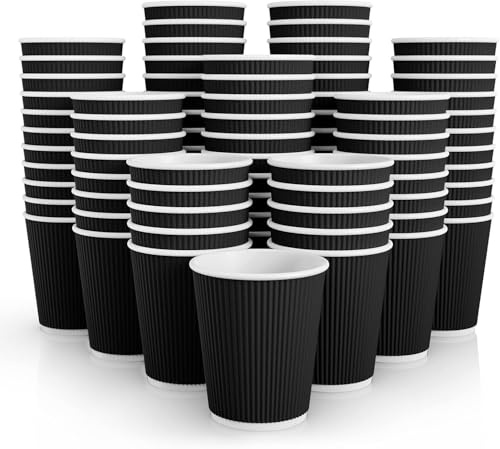 ECONX 100 X 8oz Disposable Paper Coffee Cups Without Lid Insulated Triple Wall Ripple Kraft Black for Takeaway Coffee, Tea or Hot and Cold Drinks for Cafes Offices Events or Parties