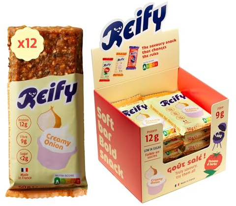 Reify Barre Protéinée Salée Vegan Sans Sucres Ajoutés Saveur Creamy Onion – Riche en Fibres 9g, 12g Protéines Végétales, 175kcal Par Barre – Sans Gluten, Nutriscore A – Snack Salé