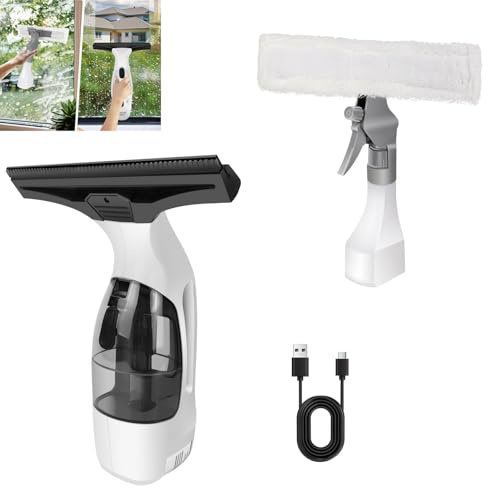 Cordless Window Vacuum Cleaner, 2.0KPA Rechargeable Window Squeegee with 150ml Removable Tank, 28cm Soft Rubber Blade & Spray Bottle, 50-Min Run Time for Windows, Mirrors & Tiles