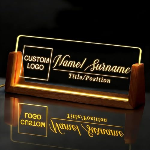 Personalized LED Desk Name Plate Custom Acrylic Name Sign with Wooden Base Light Engraved Text Logo Title for Office Decor Boss Coworker Employee Gift（8.07x3.14）
