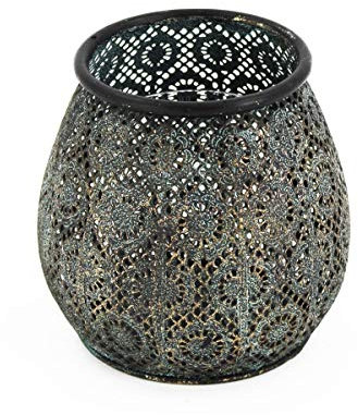 Windlicht Metall petrol-kupfer Antik Look mit Glaseinsatz u. Ornamenten 17,5cm