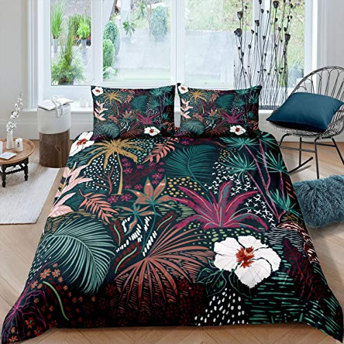 Palm Trees Leaves Bedspread Cover Tropical Dark Summer Pattern Duvet Cover Wood Bedding Set for Children Kids Boys Girls Microfiber Comforter Cover Room Decor Quilt Cover King Size Boys