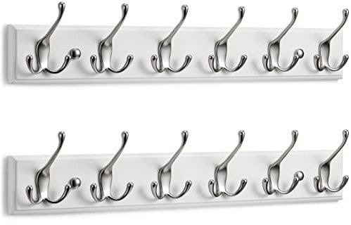 LARHN Garderobenhaken Weiß (2 Stück) - Garderobenleiste Weiß mit 6 Haken in Nickel Matt - 59 cm - Kleiderhaken Wand - Wandgarderobe für Flure, Garderoben, Schlafzimmer und Badezimmer