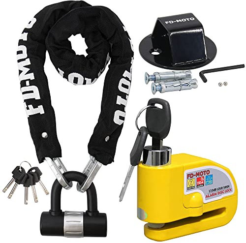 FD-MOTO 2.4KG Anti-Theft 1M*10mm Chain Lock Padlock + Alarm Brake Disc Lock Yellow + Ground Wall Anchor Heavy Duty for Motorbike Motorcycle Scooter Bike Bicycle ATV